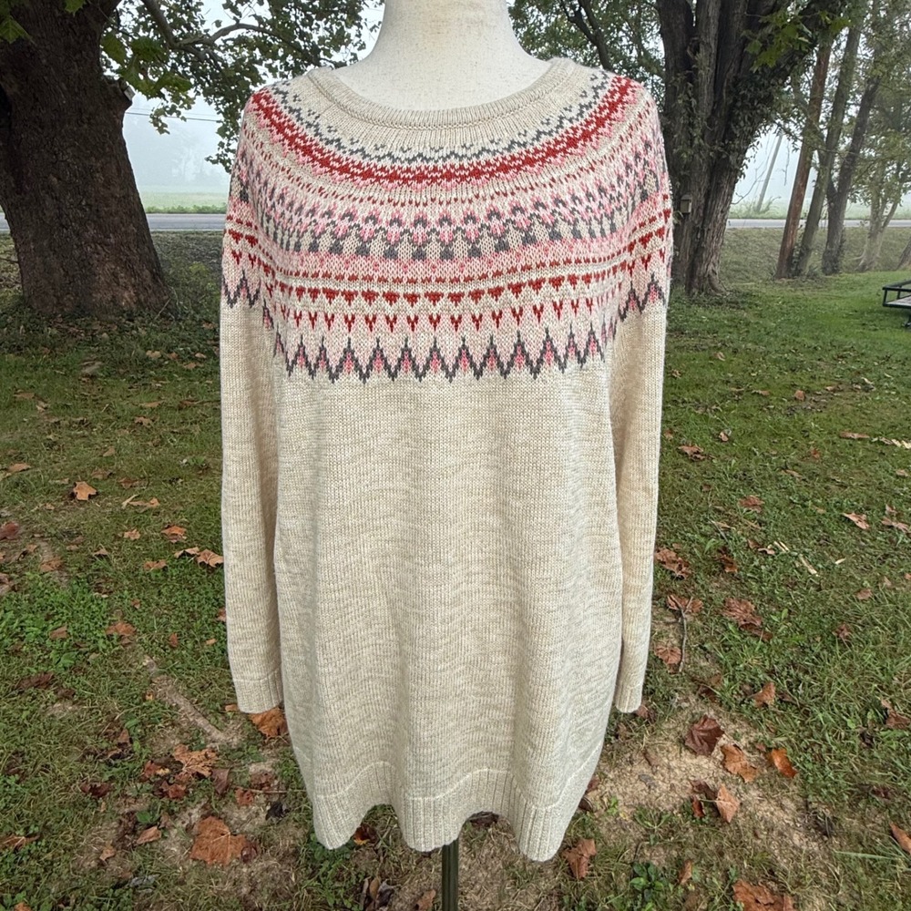 Cj banks Womens 2X Fair Isle Knit Sweater Beige Red Long Sleeve Oat Ski Lodge